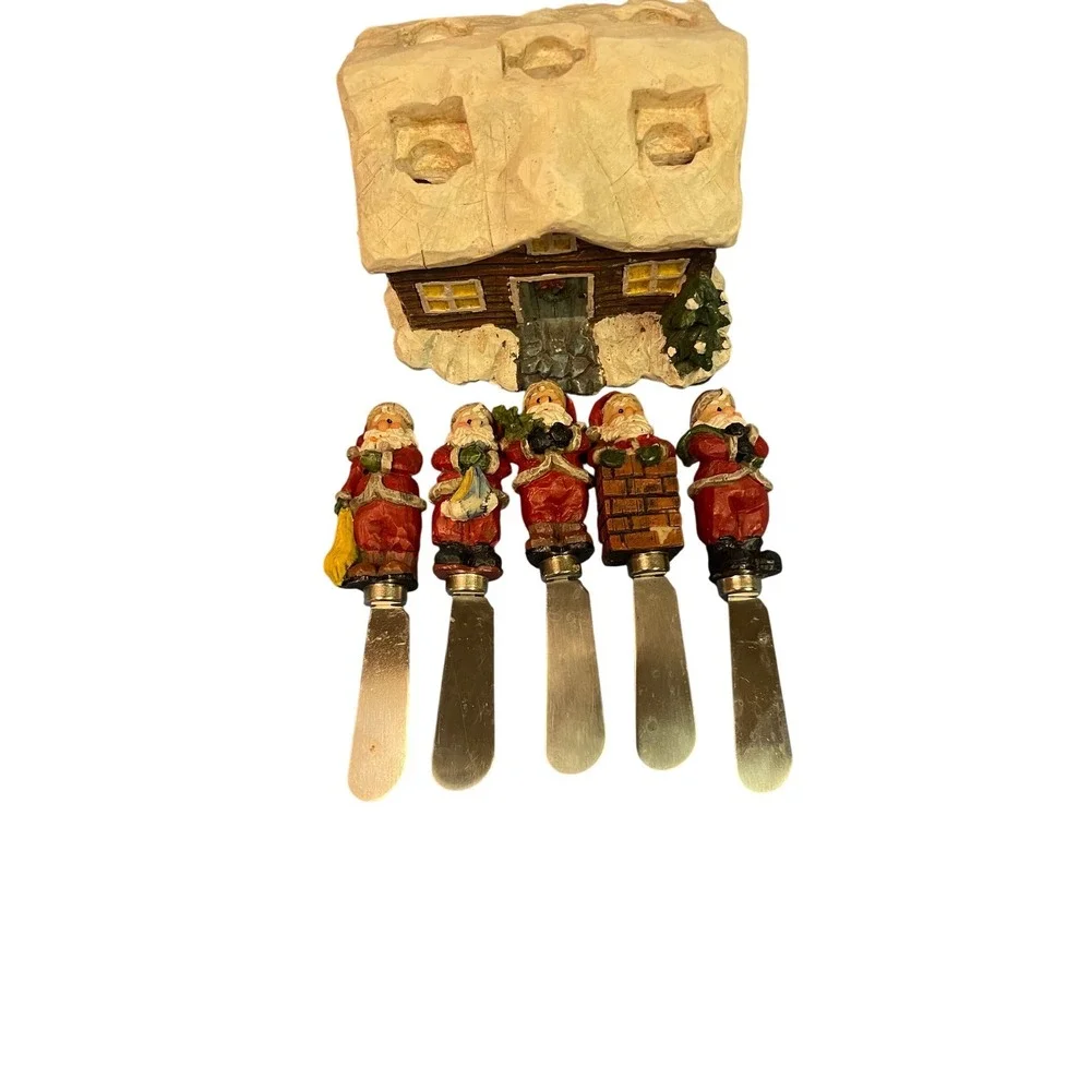 Christmas Santa Spreader Set with Cabin Display Base 5 Piece Holiday Decor